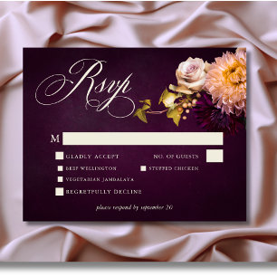 Elegante Bourgogne Moody Floral Script Wedding RSVP Kaartje