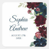 Elegante Bourgogne & Navy Bloemenbruiloft Vierkante Sticker (Voorkant)