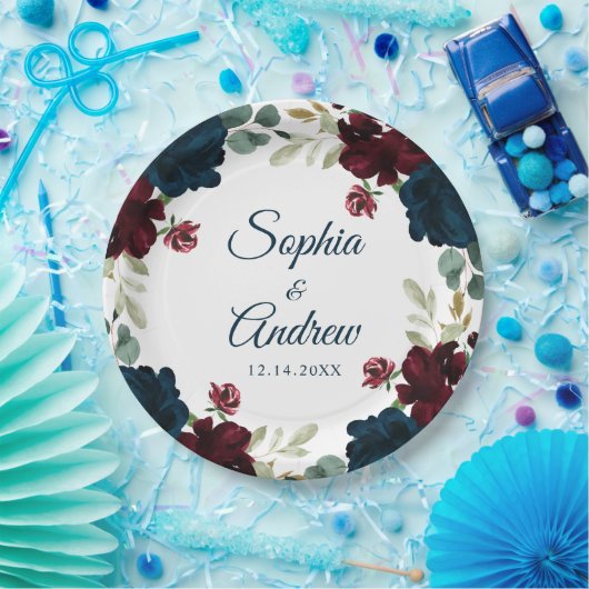 Elegante Bourgogne & Navy Rustieke Houten Bruiloft Papieren Bordje (Feest)