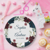 Elegante Bourgogne & Navy Rustieke Houten Bruiloft Papieren Bordje (Feest)