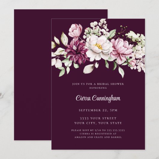 Elegante Bourgogne Plum Bloemen Bruid Kaart (Voorkant / Achterkant)