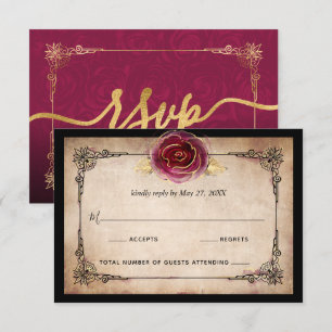Elegante Bourgogne Pruim Goud en Zwart Bruiloft RSVP Kaartje