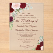 Elegante Bourgogne Red & Blush Rozen officiële bru Acryl Uitnodigingen (Voorkant)