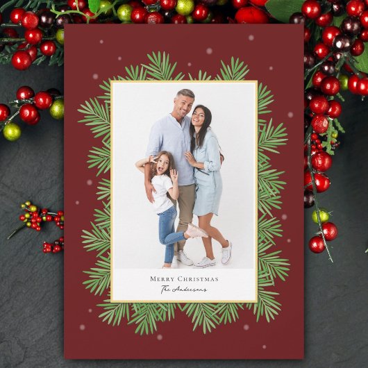 Elegante Bourgogne Rode Kerst Botanische Foto Feestdagenkaart