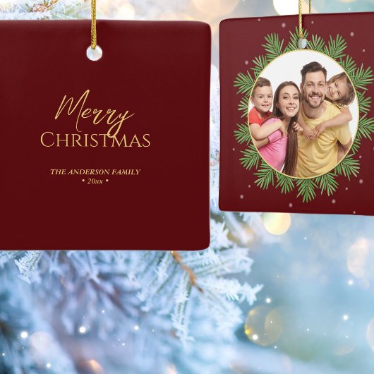 Elegante Bourgogne Rode Kerst Botanische Foto Keramisch Ornament