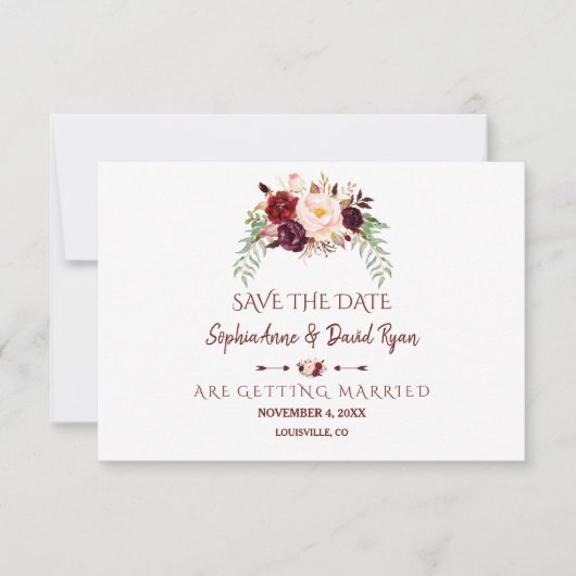 Elegante Bourgogne rode Marsala Bloemen Save The D Save The Date (Voorkant)