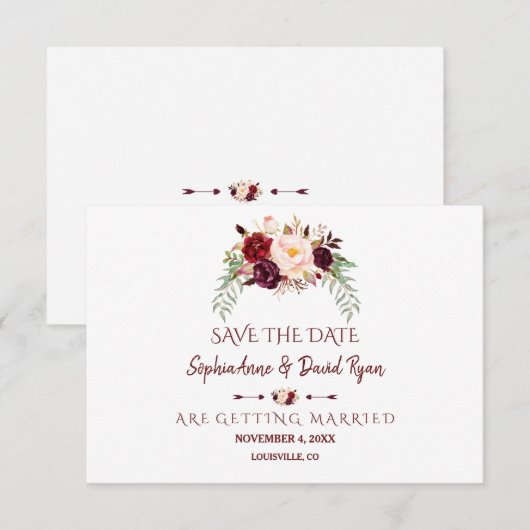 Elegante Bourgogne rode Marsala Bloemen Save The D Save The Date (Voorkant / Achterkant)