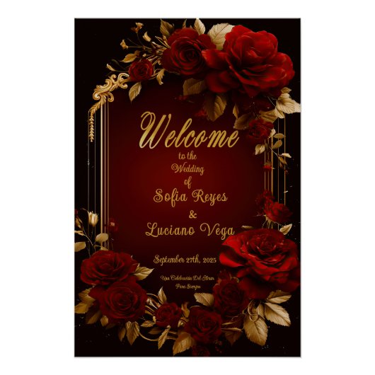 Elegante Bourgogne Rode Rose & Gouden Bruiloft Perfect Poster (Voorkant)
