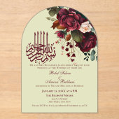 Elegante Bourgogne Rode Rozen Floral Islamitisch Acryl Uitnodigingen (Voorkant)