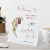 Elegante Bourgogne Roze Bloemen 40e Verjaardag Reclamebord Met Voetstuk (Insitu)