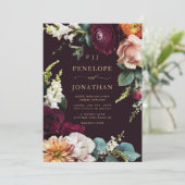 Elegante Bourgogne Roze Bloemen Goud Script Trouwe Kaart (Staand voorkant)