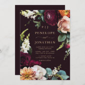 Elegante Bourgogne Roze Bloemen Goud Script Trouwe Kaart (Voorkant / Achterkant)