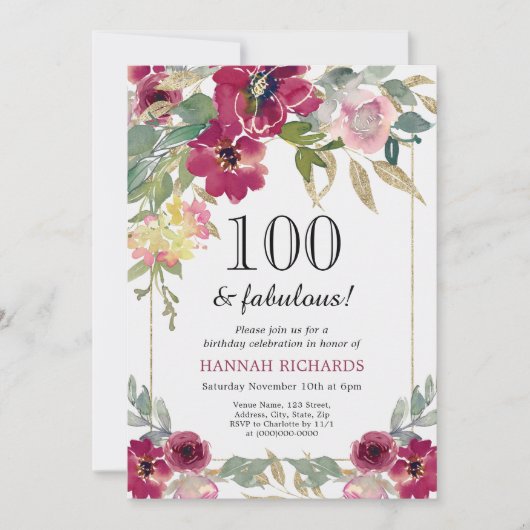 Elegante Bourgogne Roze Gouden Bloem 100ste Verjaa Kaart (Voorkant)