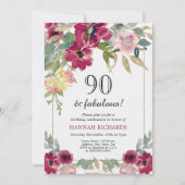 Elegante Bourgogne Roze Gouden Bloem 90ste Verjaar Kaart (Voorkant)