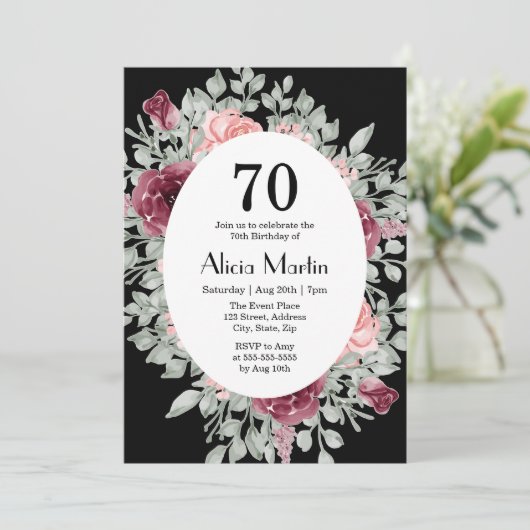 Elegante Bourgogne Roze Rose Groen 70e Verjaardag Kaart (Staand voorkant)