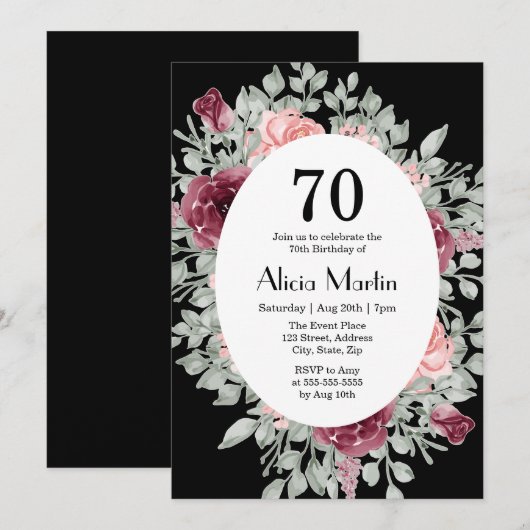 Elegante Bourgogne Roze Rose Groen 70e Verjaardag Kaart (Voorkant / Achterkant)