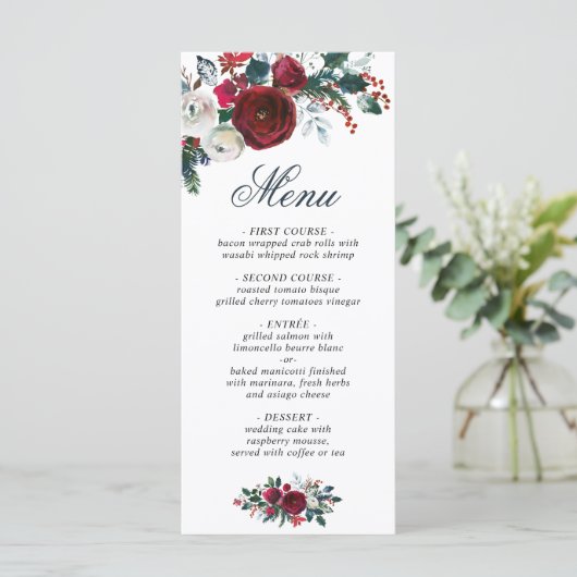 Elegante Bourgogne Rozen Winter groen bruiloft Menu (Staand voorkant)