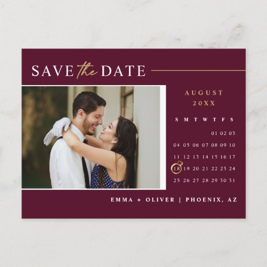 Elegante Bourgogne Save the Date Kalender QR Code Briefkaart (Voorkant)