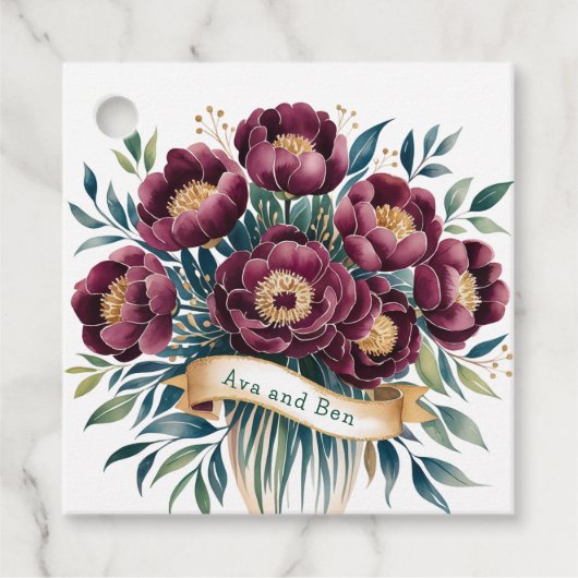 Elegante Bourgogne & Smaragdpioen met gouden accen Bedankjes Labels (Voorkant)