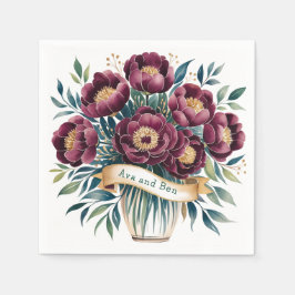 Elegante Bourgogne & Smaragdpioen met gouden accen Servet