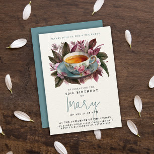 Elegante Bourgogne Tea Party Cup Bloemen Waterverf Kaart