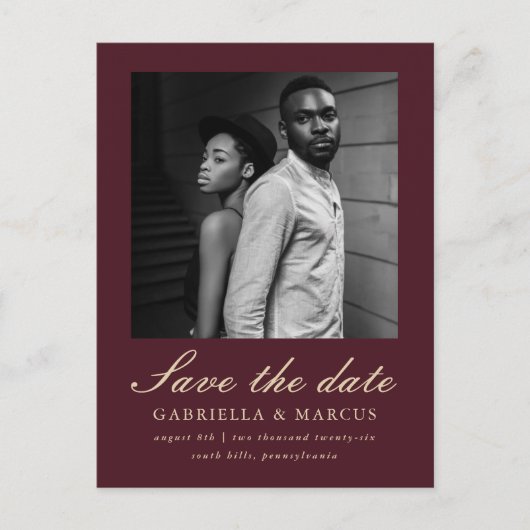 Elegante Bourgogne Twee foto bruiloft Save the Dat Briefkaart (Voorkant)