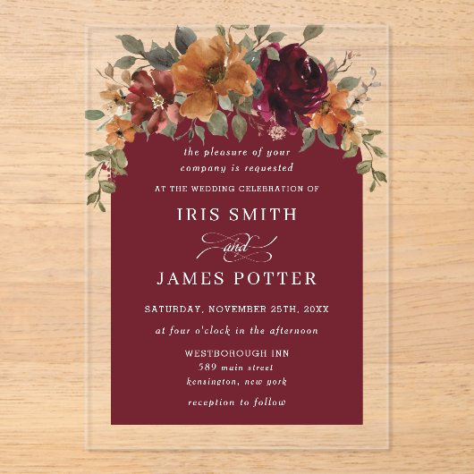 Elegante Bourgogne Verbrand Sinaasappel Roest Bloe Acryl Uitnodigingen (Voorkant)