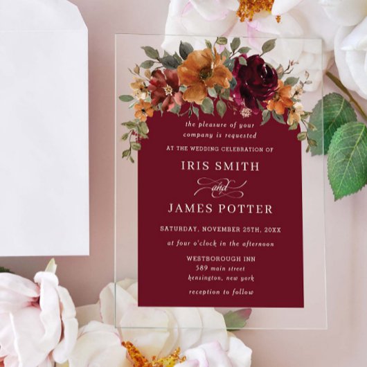 Elegante Bourgogne Verbrand Sinaasappel Roest Bloe Acryl Uitnodigingen