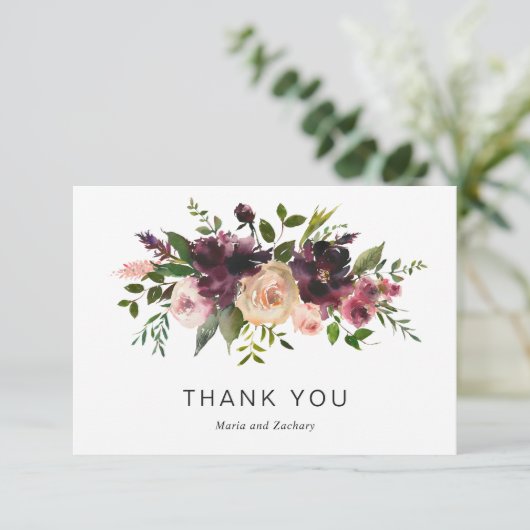 Elegante Bourgogne Wijn Herfst Bloemen Rustieke Br Bedankkaart (Staand voorkant)