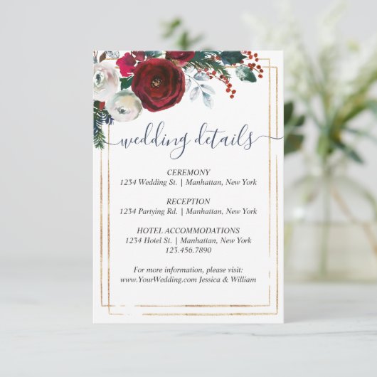 Elegante Bourgogne Winter Rozen Trouwdetails Informatiekaartje (Staand voorkant)