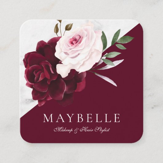 Elegante Bourgogne & Wit Marmeren Waterverf Bloeme Vierkante Visitekaartje (Voorkant)