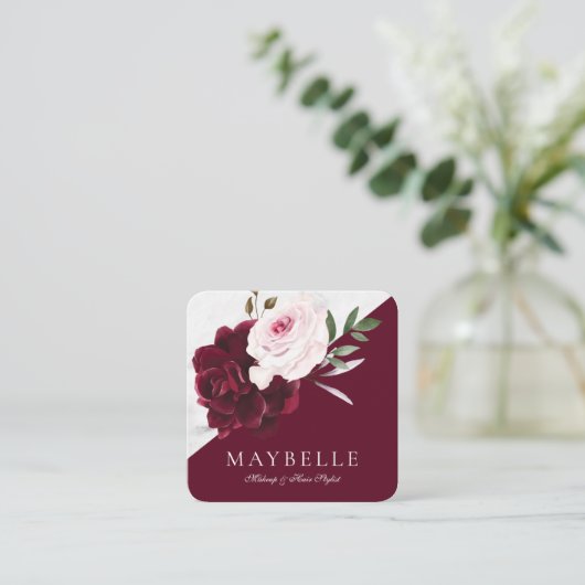Elegante Bourgogne & Wit Marmeren Waterverf Bloeme Vierkante Visitekaartje (Staand voorkant)