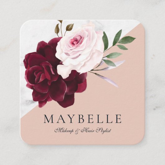 Elegante Bourgogne & Wit Marmeren Waterverf Bloeme Vierkante Visitekaartje (Voorkant)