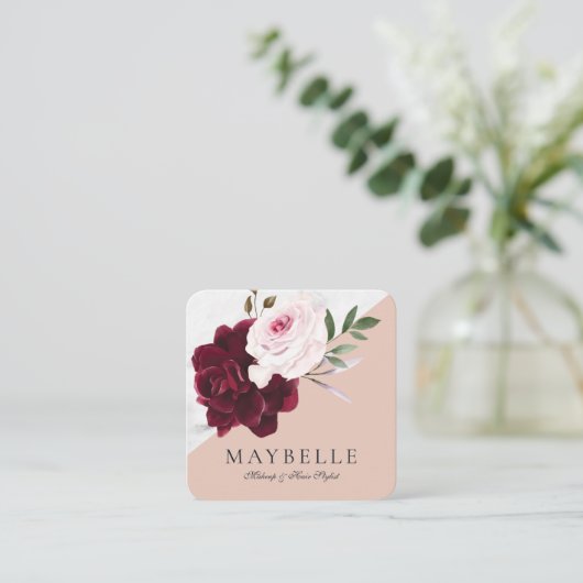 Elegante Bourgogne & Wit Marmeren Waterverf Bloeme Vierkante Visitekaartje (Staand voorkant)