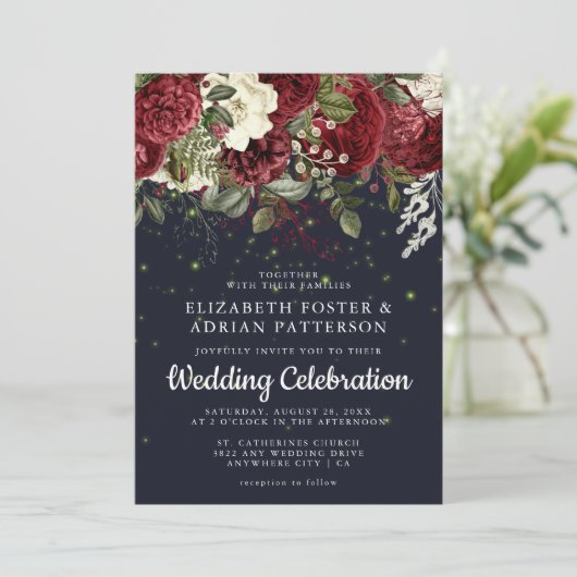 Elegante Bourgogne & Witte Bloemen | Navy Wedding Kaart (Staand voorkant)