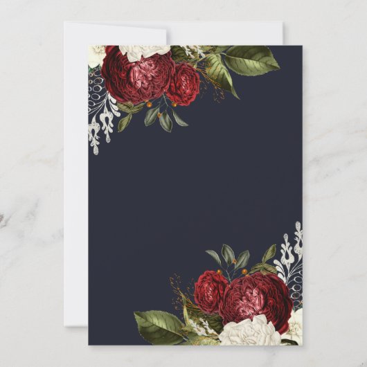 Elegante Bourgogne & Witte Bloemen | Navy Wedding Kaart (Achterkant)