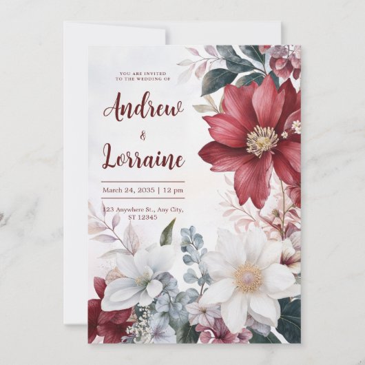 Elegante Bourgogne & Witte Bloemen Waterverf bruil Kaart (Voorkant)