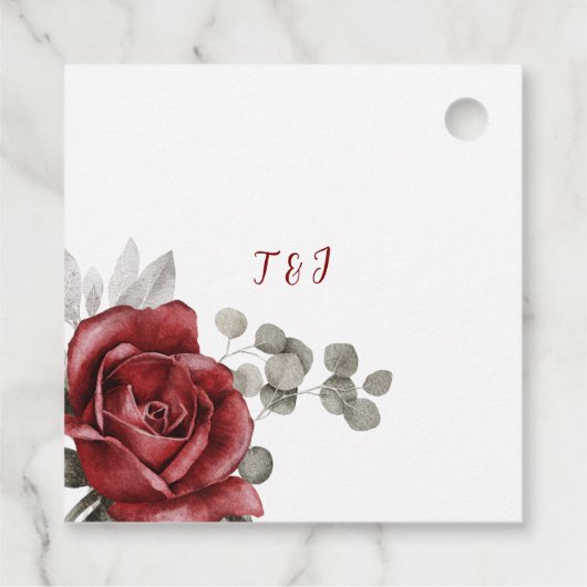 Elegante Bourgogne & Zilveren Waterverf Favoriet T Bedankjes Labels (Achterkant)