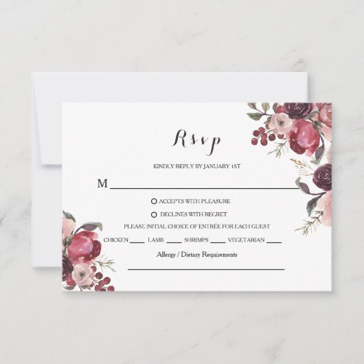 Elegante Bourgogne Zomer Bloemen RSVP Menu Keuze (Voorkant)