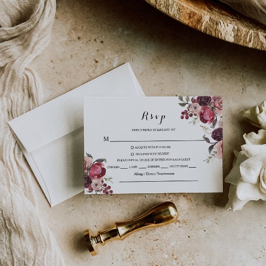 Elegante Bourgogne Zomer Bloemen RSVP Menu Keuze