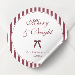 Elegante Bourgondië Boog Script Gestreepte Kerstmi Ronde Sticker