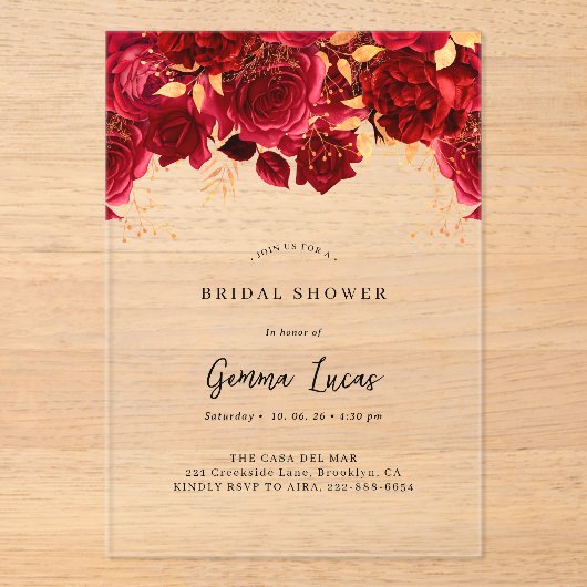 Elegante Bourgondië en gouden bruids Douche Uitnod Acryl Uitnodigingen (Voorkant)