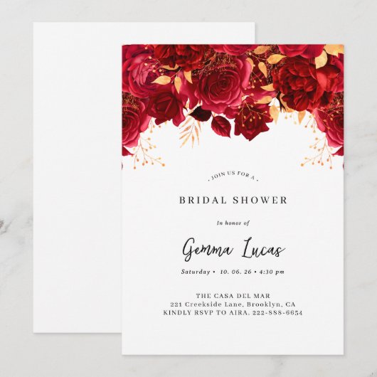 Elegante Bourgondië en gouden bruids Douche Uitnod Kaart (Voorkant / Achterkant)