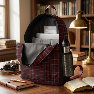 Elegante Bourgondië en Navy Blue Heritage Plaid Bedrukte Rugzak