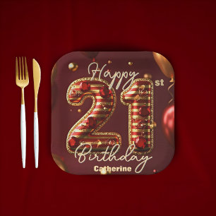 Elegante Bourgondië & Goud 21ste Verjaardag Papieren Bordje