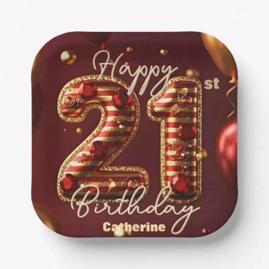 Elegante Bourgondië & Goud 21ste Verjaardag Papieren Bordje (Voorkant)