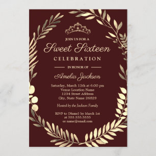 Elegante Bourgondië Gouden Krans Sweet Sixteen Kaart