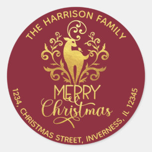 Elegante Bourgondië Gouden Rendier Kerst Adres Ronde Sticker