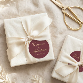 Elegante Bourgondië Gouden Script Trouwstickers Ronde Sticker