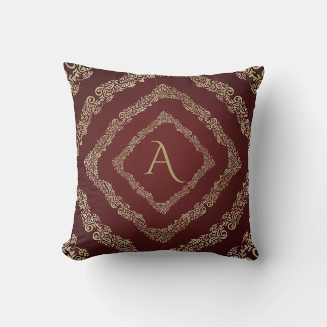 Elegante Bourgondiër & Gouden Monogram Letter A Kussen (Voorkant)
